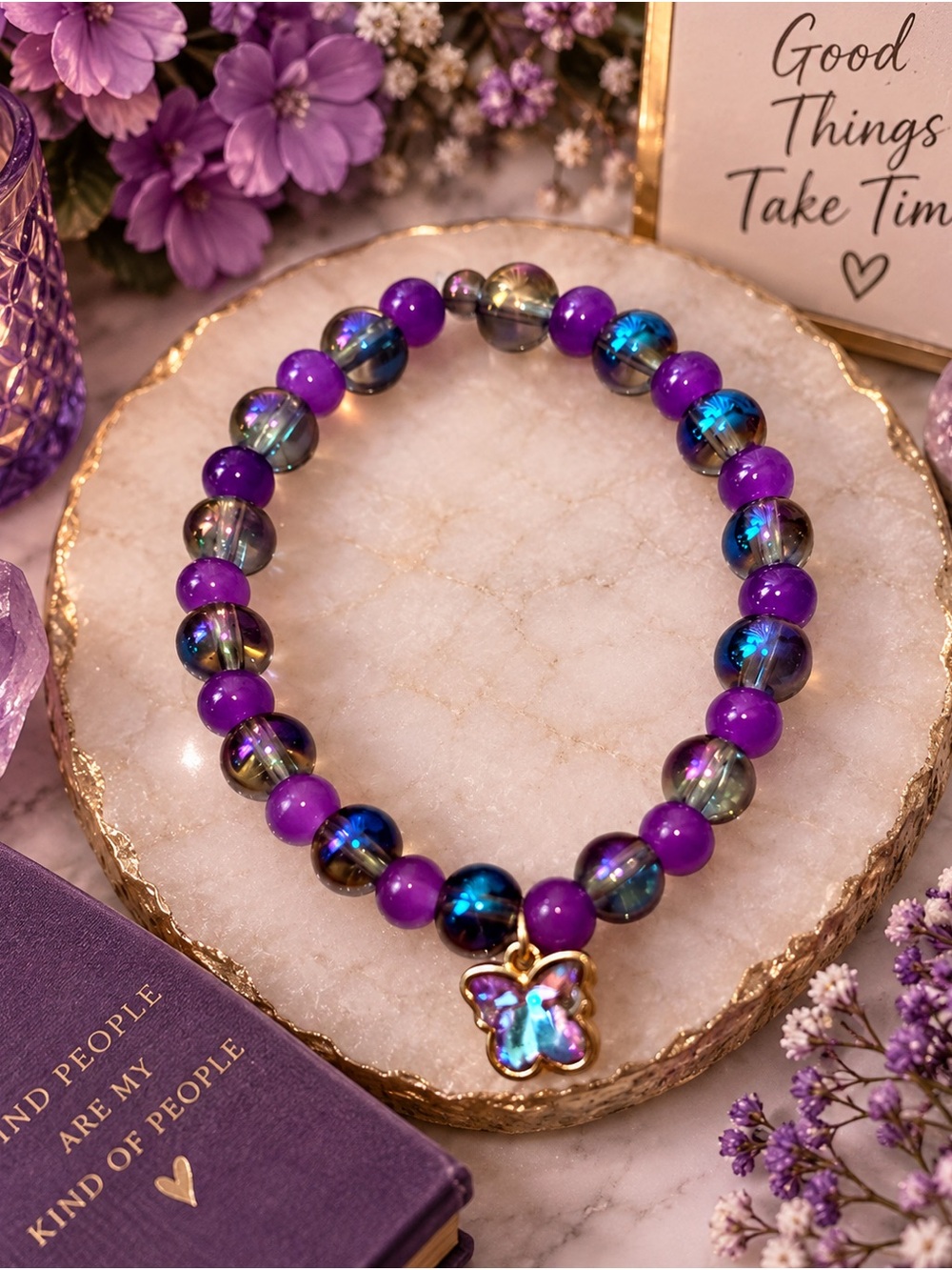 Purple iridescent butterflies handcrafted bracelet by me